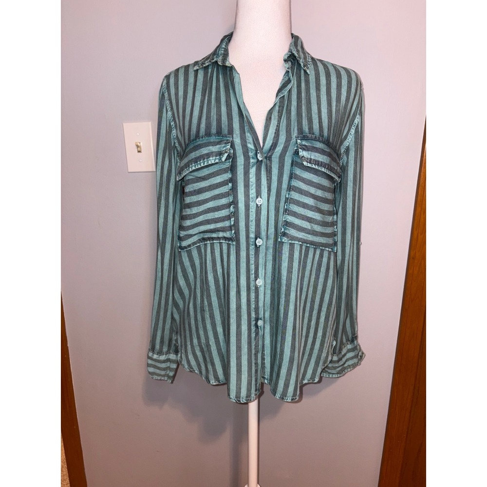 The Nu Vintage Teal Grey Striped Rayon‎ Button Down Roll Tab Shirt womens M NWT